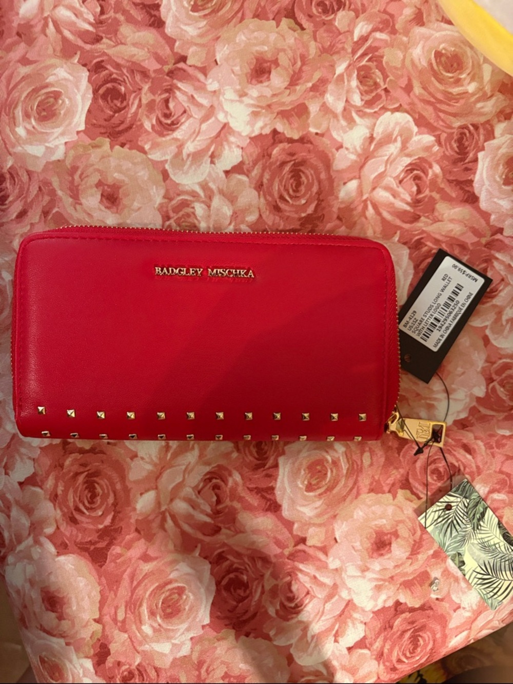 Badgley Mischka Red Zip-Around Wallet with Gold Studs